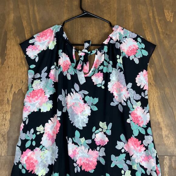 Lauren Conrad Womens Blouse Black Multi Floral Short Sleeve Pleated Flowy XL - Picture 9 of 10